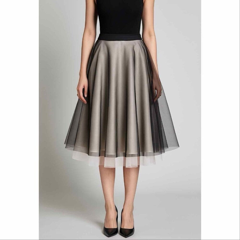 ASM Mid Knee Length Organza A-Line Skirt Size M Balletcore Evening Black White